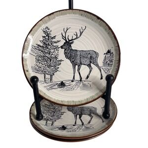 Set of 4 Elama Majestic Elk Salad Plates 8" Stoneware Cabin Lodge Replacement